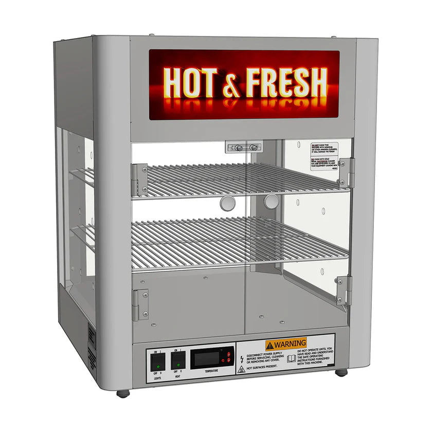 A stainless steel countertop food warmer display case with three wire shelves, glass sides, and a lighted “HOT & FRESH” sign in bold yellow and red. Control buttons, vents, and warning labels are visible at the bottom front.