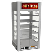 A vertical, stainless steel food display warmer with stainless steel construction and four wire shelves, glass sides, digital temperature control at the bottom, and a top sign reading “HOT & FRESH.” Warning labels are visible near the controls.