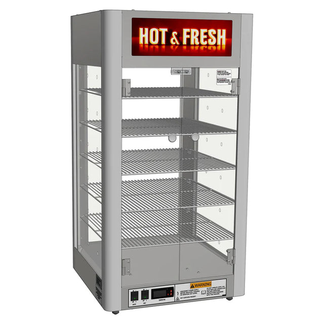 A vertical, stainless steel food display warmer with stainless steel construction and four wire shelves, glass sides, digital temperature control at the bottom, and a top sign reading “HOT & FRESH.” Warning labels are visible near the controls.