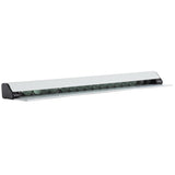A white aluminum rolling conveyor rail with multiple black plastic rollers, angled slightly upward. The ends are capped with black plastic, making it ideal as an order rack for moving boxes or items in industrial or warehouse settings.