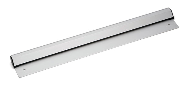 A silver aluminum door kick plate with a slightly raised, angled edge and two black end caps is shown against a white background. The plate has pre-drilled mounting holes on each end for installation. Ideal for pairing with an order rack system.