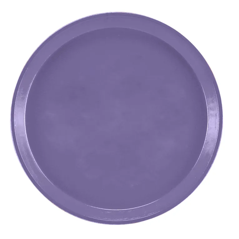 A round, flat Serving Camtray in a solid, medium purple color is pictured against a white background. The tray has a slightly raised rim and a smooth, glossy finish. This durable fiberglass tray is dishwasher safe with no visible patterns or decorations.