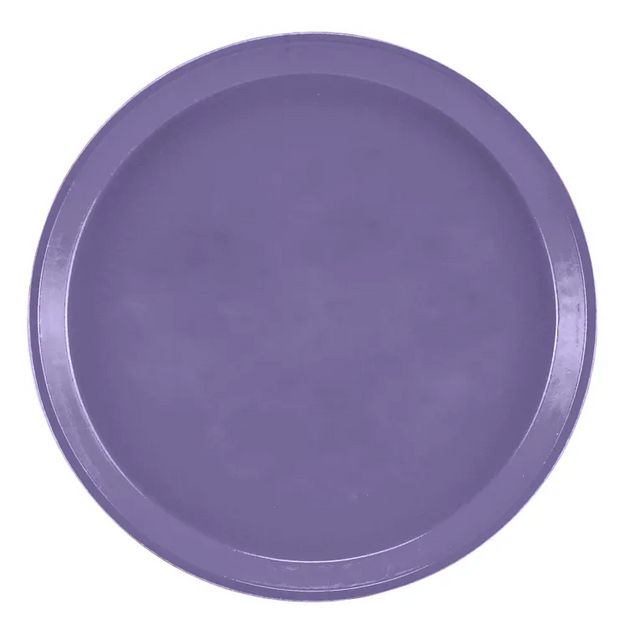 A round, flat Serving Camtray in a solid, medium purple color is pictured against a white background. The tray has a slightly raised rim and a smooth, glossy finish. This durable fiberglass tray is dishwasher safe with no visible patterns or decorations.