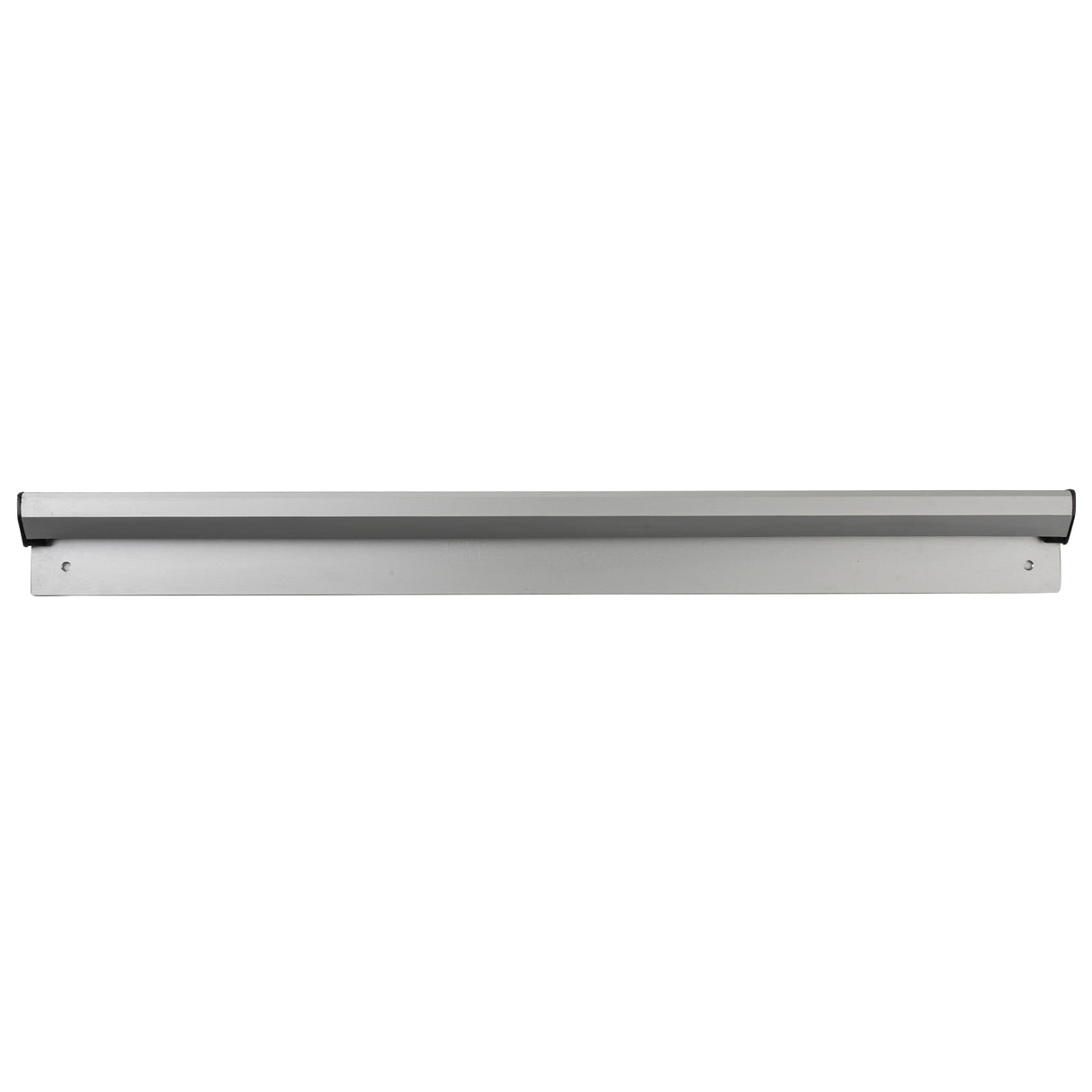 A horizontal aluminum knife strip with a sleek, silver finish and two screw holes for mounting on a wall. The magnetic strip securely holds knives or other metal kitchen tools, making it a stylish alternative to a traditional order rack. Background is plain white.