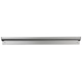 A horizontal aluminum knife strip with a sleek, silver finish and two screw holes for mounting on a wall. The magnetic strip securely holds knives or other metal kitchen tools, making it a stylish alternative to a traditional order rack. Background is plain white.