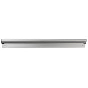 A horizontal aluminum knife strip with a sleek, silver finish and two screw holes for mounting on a wall. The magnetic strip securely holds knives or other metal kitchen tools, making it a stylish alternative to a traditional order rack. Background is plain white.