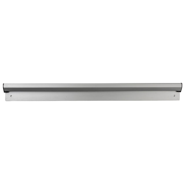 A horizontal aluminum knife strip with a sleek, silver finish and two screw holes for mounting on a wall. The magnetic strip securely holds knives or other metal kitchen tools, making it a stylish alternative to a traditional order rack. Background is plain white.