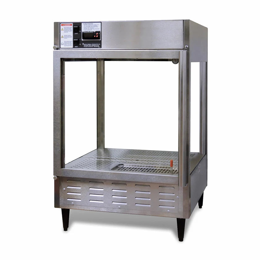 A humidified display cabinet with stainless steel construction, digital control panel on top, perforated bottom tray, clear side panels, and four black legs—ideal for displaying and keeping food warm in restaurants or cafeterias.