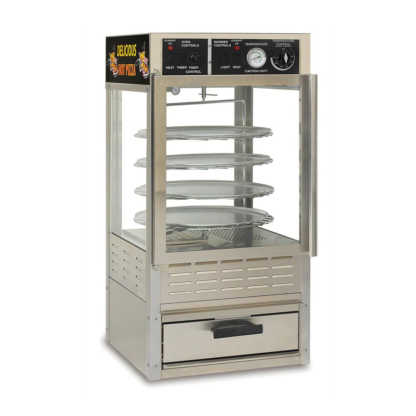 A stainless steel Combo Warmer pizza display case with glass sides, five rotating wire shelves, control knobs, and a temperature gauge on top. The front features a "Delicious Hot Pizza" sign and a pull-out drawer at the bottom.