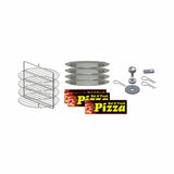 A set includes a vertical four-tier metal wire rack, four round 15" pizza pans, a pizza cutter, a digital thermometer, two yellow and black Gold Medal Products pizza boxes, and two metal tongs—all displayed on a white background.