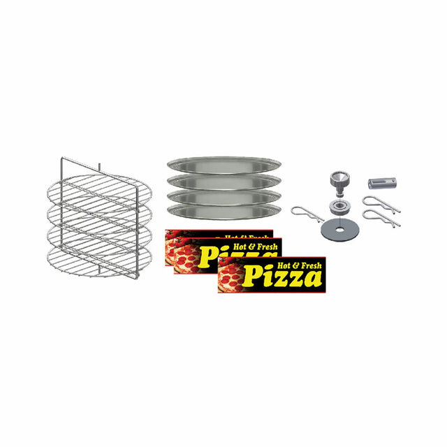A set includes a vertical four-tier metal wire rack, four round 15" pizza pans, a pizza cutter, a digital thermometer, two yellow and black Gold Medal Products pizza boxes, and two metal tongs—all displayed on a white background.