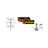 A metal large pretzel rack with multiple branches is on the left. On the right are three Hot & Fresh Pretzels yellow and black signs and various hardware pieces from a Pretzel cabinet kit, including hooks, a circular base, a gauge, and a metal bar.