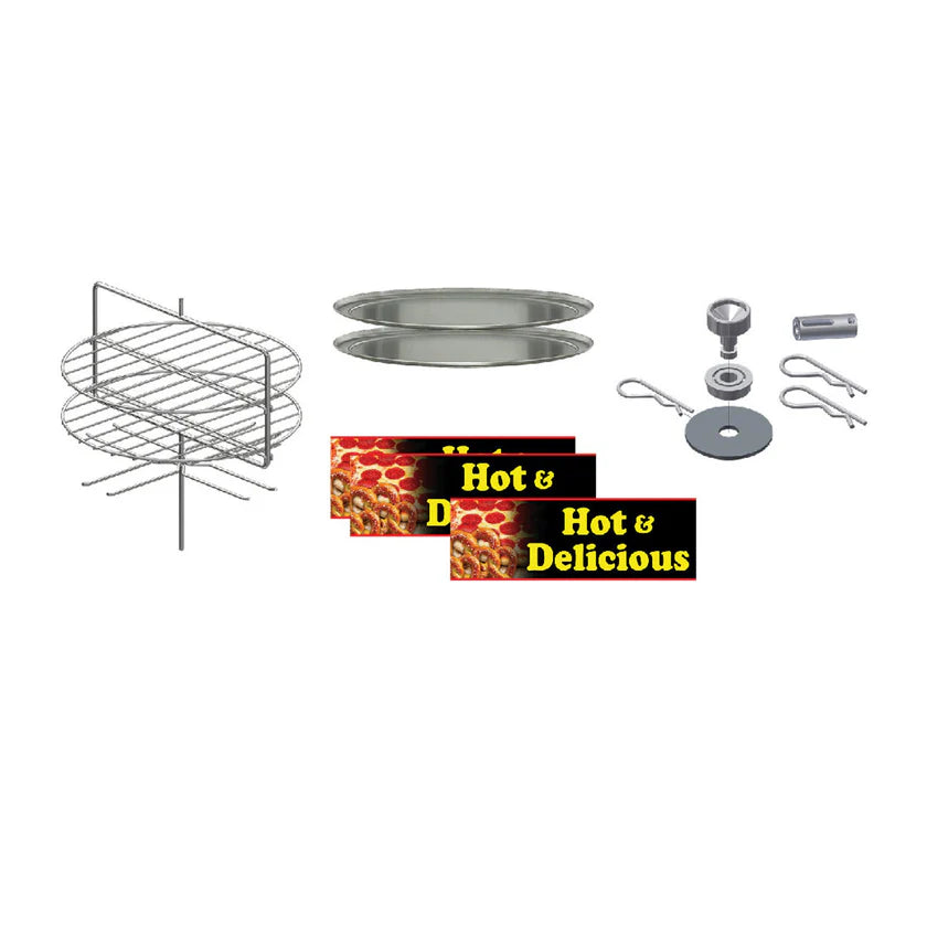 A set of air fryer accessories on a white background, including a metal rack, pizza pans, two oval metal trays, temperature and timer dials, metal hooks, a thermometer, and three Hot & Delicious pizza signs in yellow text.