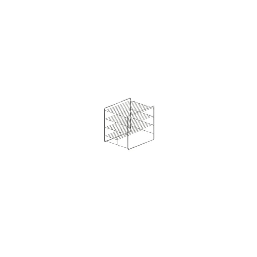 A simple black wireframe illustration of a three-tier rectangular shelf unit, reminiscent of a small cabinet or Flat Rack Cabinet Kit, shown at an angle to display its depth, centered on a white background with ample empty space around it.