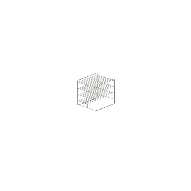 A simple black wireframe illustration of a three-tier rectangular shelf unit, reminiscent of a small cabinet or Flat Rack Cabinet Kit, shown at an angle to display its depth, centered on a white background with ample empty space around it.