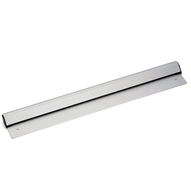 A silver aluminum magnetic knife strip with a sleek, rectangular metal design. It has a smooth front surface for holding knives, two screw holes on each end for wall mounting, and is photographed against a white background.