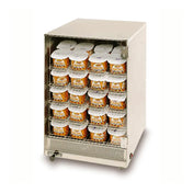 A metal Portion Pak Cheese Warmer with a glass door holds five wire shelves, each stacked with instant noodle cups featuring white lids and colorful orange labels. This countertop cheese warmer sits on a white background and features a vent at the bottom front.
