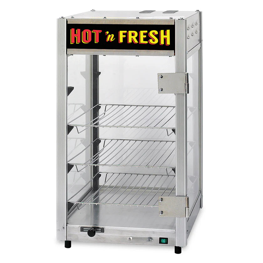 A metal and glass Food Holding Cabinet with three wire rack shelves inside. The door is open with a handle on the right, and a lighted sign on top reads HOT n FRESH in bold red and yellow letters. The unit is empty.
