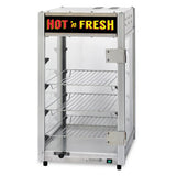 A metal and glass Food Holding Cabinet with three wire rack shelves inside. The door is open with a handle on the right, and a lighted sign on top reads HOT n FRESH in bold red and yellow letters. The unit is empty.