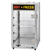 A metal and glass Food Holding Cabinet with three wire rack shelves inside. The door is open with a handle on the right, and a lighted sign on top reads HOT n FRESH in bold red and yellow letters. The unit is empty.