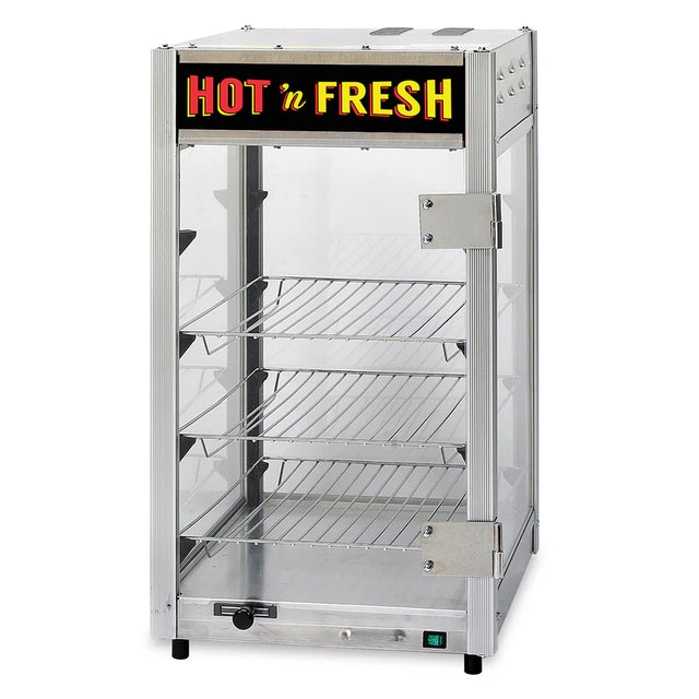 A metal and glass Food Holding Cabinet with three wire rack shelves inside. The door is open with a handle on the right, and a lighted sign on top reads HOT n FRESH in bold red and yellow letters. The unit is empty.