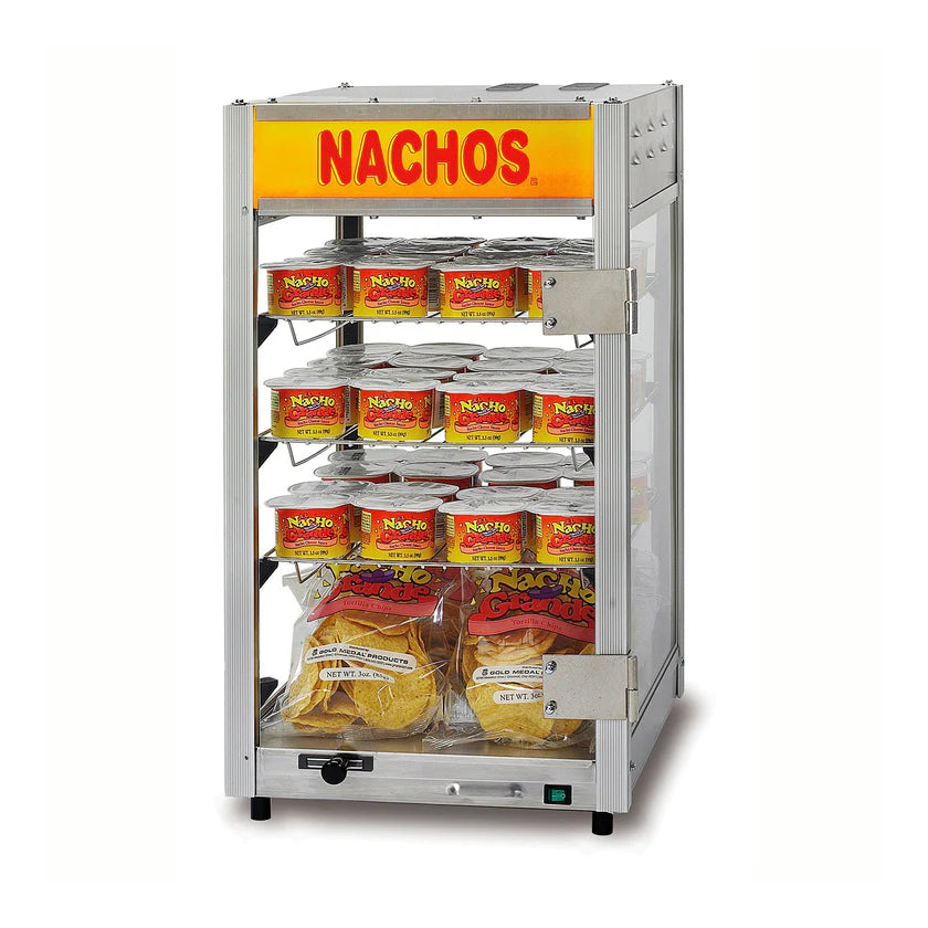 A metal and glass nacho display warmer with a yellow “NACHOS” sign at the top. Adjustable shelves inside hold containers of nacho cheese and bags of tortilla chips. This countertop cheese warmer features a front door, control knob, and power switch at the bottom.