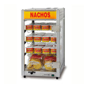 A metal and glass nacho display warmer with a yellow “NACHOS” sign at the top. Adjustable shelves inside hold containers of nacho cheese and bags of tortilla chips. This countertop cheese warmer features a front door, control knob, and power switch at the bottom.
