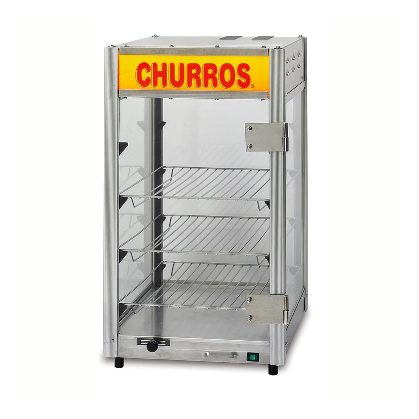 A clear, metal-framed Churro Warmer merchandiser with three wire shelves and a glass door. A yellow CHURROS sign sits atop. The Gold Medal Products unit features a control knob and switch at the bottom front for temperature regulation.