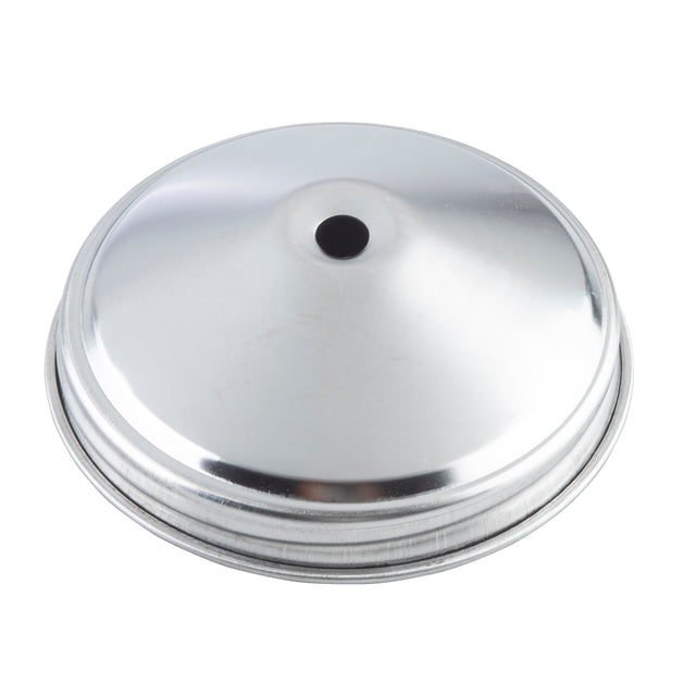 A shiny, round stainless steel lid with a center pour hole. The smooth, slightly domed surface and flat rim reflect light for a polished look. Dishwasher safe, the lid is photographed on a white background.