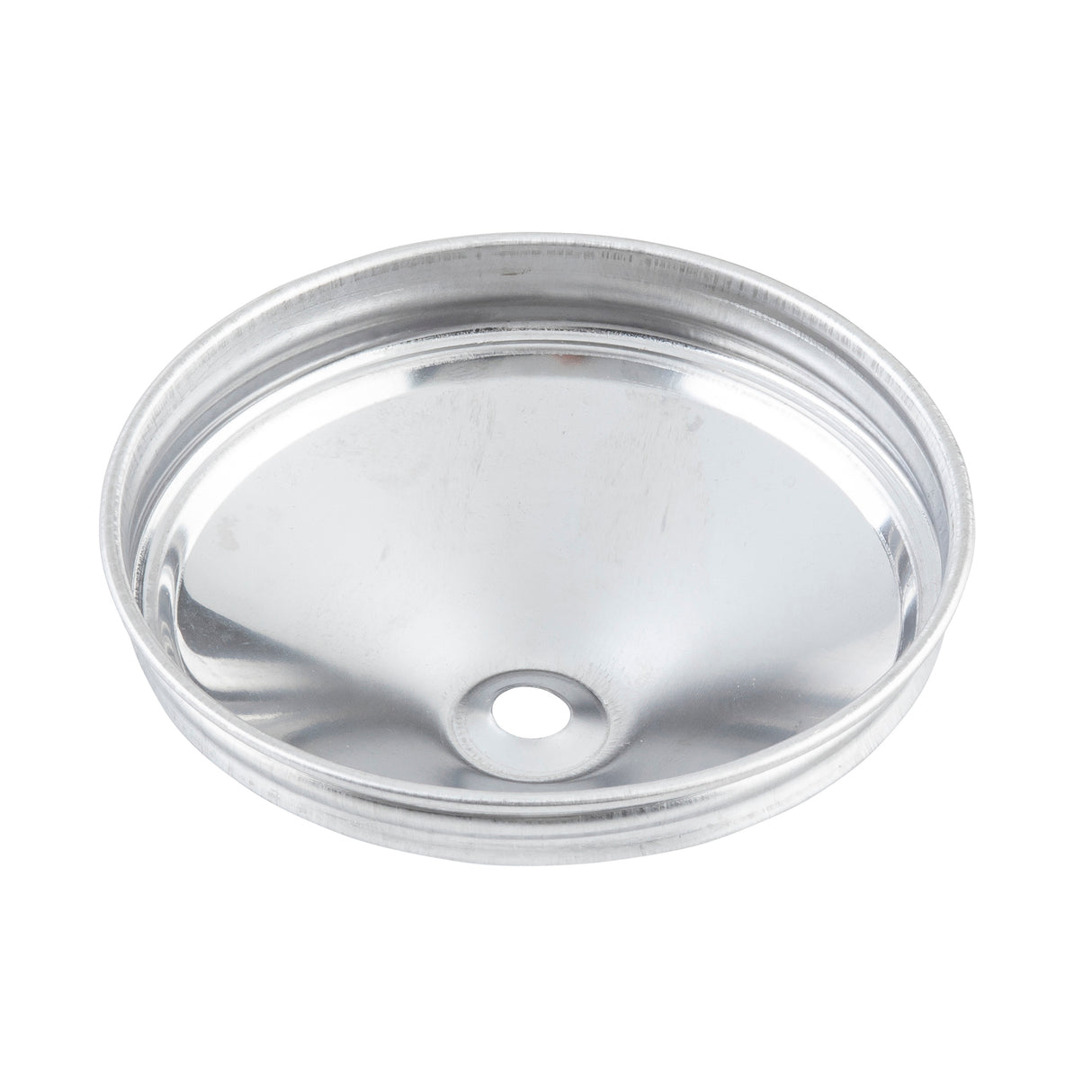 A round, shallow, silver-colored stainless steel disk with a smooth, reflective surface and a raised rim. There is a single small hole near the center of the disk. The background is plain white, highlighting this dishwasher safe metallic object.