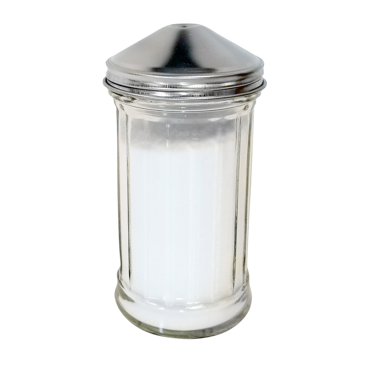 A clear, ribbed glass sugar dispenser filled with white granulated sugar, topped with a shiny stainless steel lid featuring a center pour spout. The container stands upright against a plain white background.