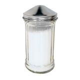 A clear, ribbed glass sugar dispenser filled with white granulated sugar, topped with a shiny stainless steel lid featuring a center pour spout. The container stands upright against a plain white background.