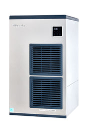 A silver and blue commercial Ice Machine with air-cooled technology, featuring two large front vents, a digital display panel at the top right, and the brand name “Pilmolin” embossed at the top left. The unit stands alone on a white background.