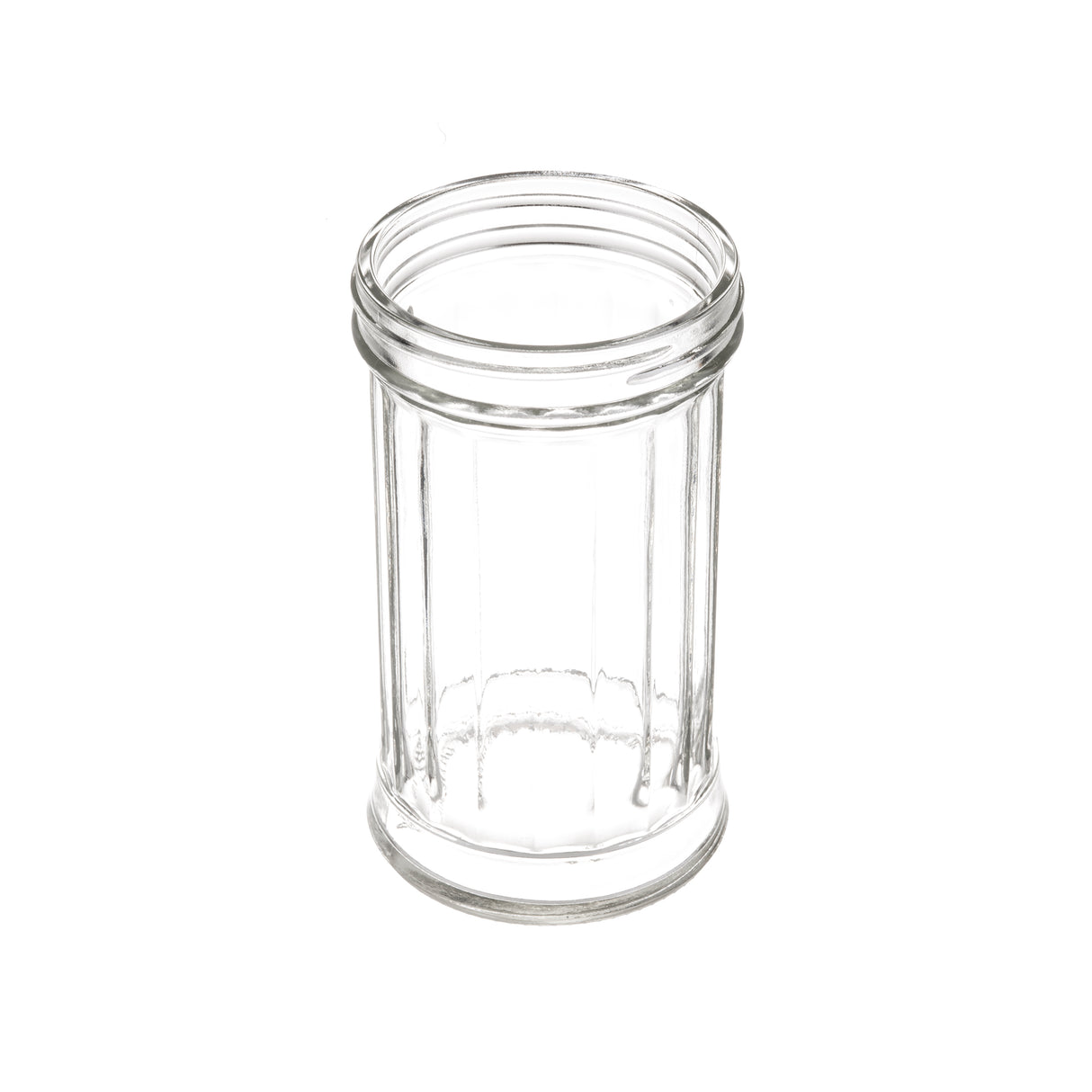 A clear, empty 12 oz glass jar with no lid is shown against a white background. The jar has straight sides, a wide opening, and a slightly raised rim near the top and bottom edges. The glass is transparent, unadorned, and dishwasher safe.