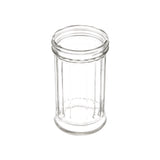 A clear, empty 12 oz glass jar with no lid is shown against a white background. The jar has straight sides, a wide opening, and a slightly raised rim near the top and bottom edges. The glass is transparent, unadorned, and dishwasher safe.