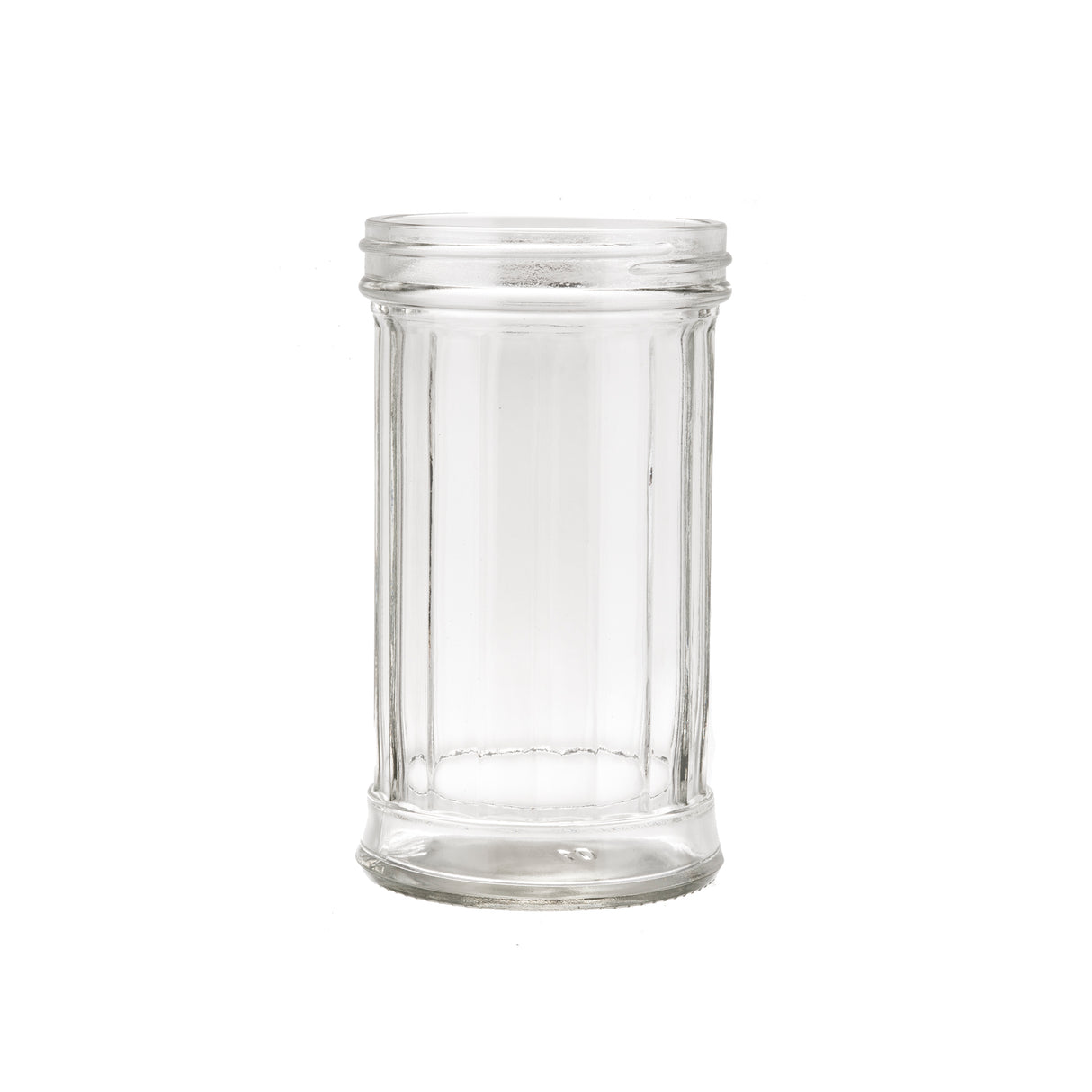 A clear, empty glass jar with vertical grooves and a wide opening is centered on a plain white background. This 12 oz cylindrical dispenser features a thick base, no lid, and is dishwasher safe for easy cleaning.