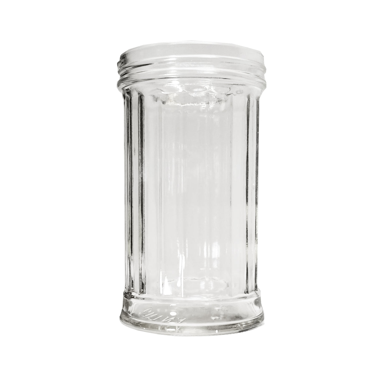 A clear, empty 12 oz glass jar with vertical ridges and a wide opening, shown against a white background. The jar is cylindrical, transparent, dishwasher safe, with a thick base and a simple, classic design. No lid included.