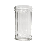 A clear, empty 12 oz glass jar with vertical ridges and a wide opening, shown against a white background. The jar is cylindrical, transparent, dishwasher safe, with a thick base and a simple, classic design. No lid included.