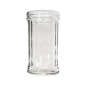 A clear, empty 12 oz glass jar with vertical ridges and a wide opening, shown against a white background. The jar is cylindrical, transparent, dishwasher safe, with a thick base and a simple, classic design. No lid included.