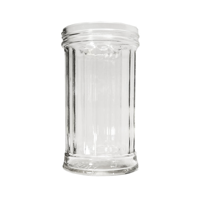 A clear, empty 12 oz glass jar with vertical ridges and a wide opening, shown against a white background. The jar is cylindrical, transparent, dishwasher safe, with a thick base and a simple, classic design. No lid included.