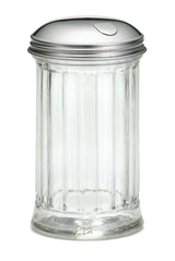 A clear, fluted glass sugar dispenser with a shiny stainless steel lid featuring a small, crescent-shaped pourer. The dispenser is empty and photographed against a white background.