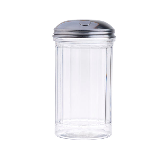 A clear, fluted glass sugar dispenser with vertical ridges and a shiny stainless steel lid featuring a small slot for pouring. The background is plain white.