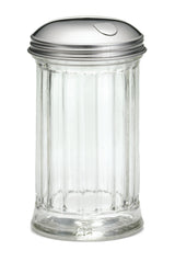A clear, empty, fluted glass sugar dispenser with a shiny metal pourer lid and a small slot for pouring. The cylindrical container stands upright on a white background and is dishwasher safe.
