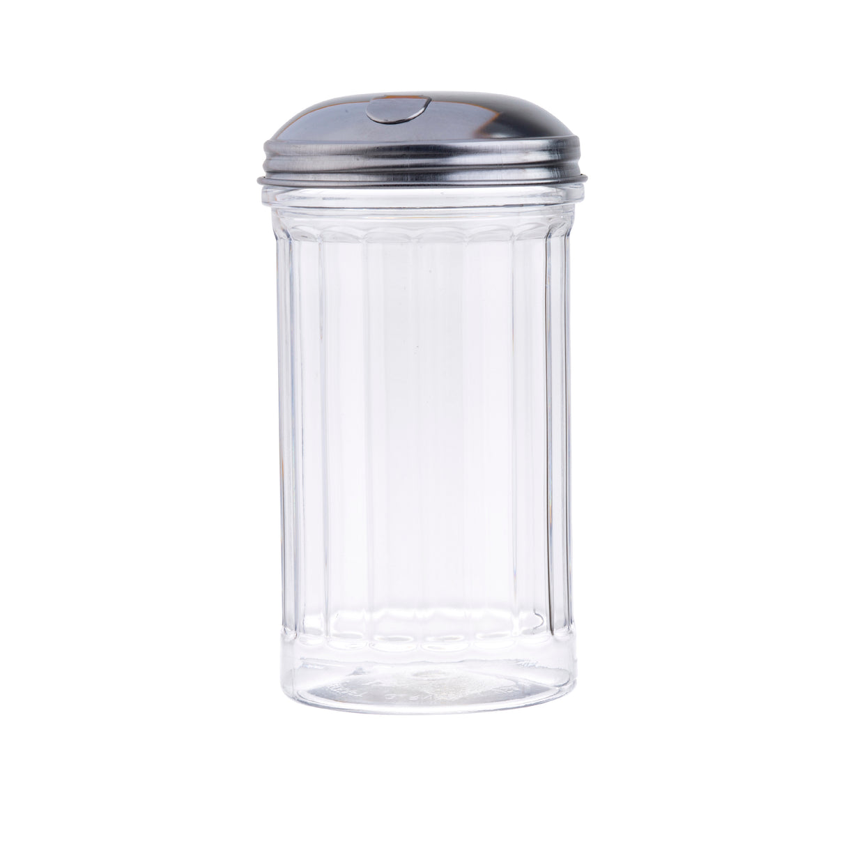 A clear, fluted glass sugar dispenser with vertical ridges and a shiny, stainless steel pourer lid featuring a small flap for pouring. The dishwasher safe dispenser stands upright against a plain white background.