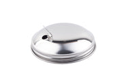 A shiny, round stainless steel sugar pourer top with a raised dome shape, a small pouring spout, and a tiny hole beside it, set against a plain white background. Ideal for beverage or canned food containers.