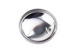 A shiny, round sugar pourer top is shown on a white background. The stainless steel lid has a small circular hole and a narrow slit near the edge, but no pull tab. Its metallic surface reflects light and appears smooth.