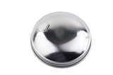 A shiny, round, stainless steel lid with a small flip-up tab is shown on a white background. The lid features smooth, reflective surfaces and grooves along the edge, suggesting it is for a container or sugar pourer top.