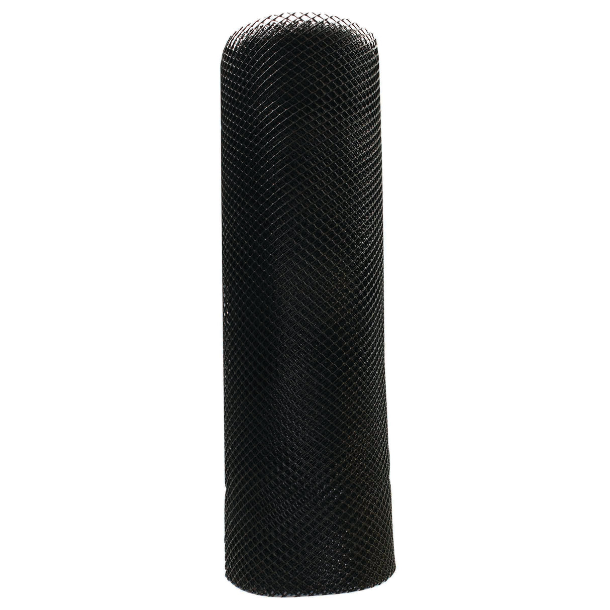 A tall, cylindrical black bar mesh object stands upright against a white background. The fine, crisscross mesh pattern and rounded top suggest it’s lightweight, slightly textured, and likely made of plastic.