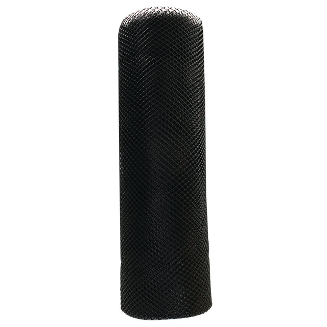 A tall, cylindrical black bar mesh object stands upright against a white background. The fine, crisscross mesh pattern and rounded top suggest it’s lightweight, slightly textured, and likely made of plastic.