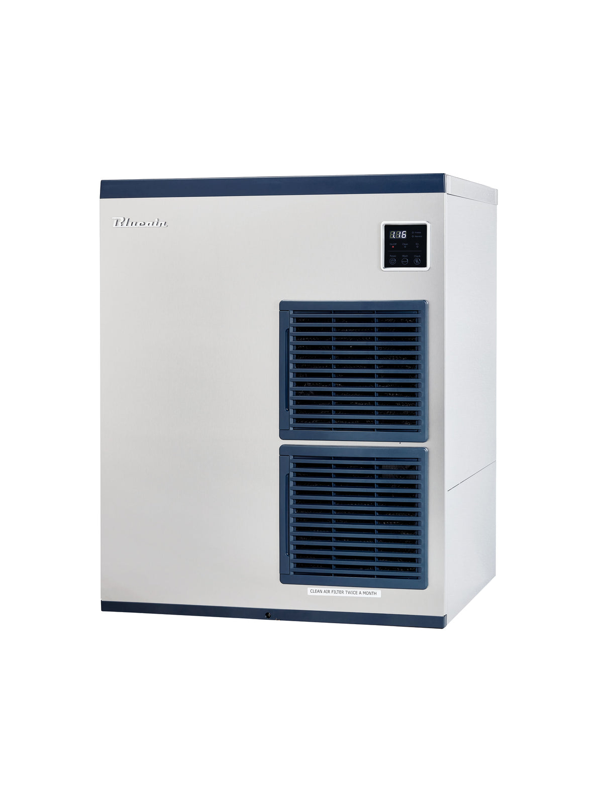 A square, metallic Ice Machine with a digital display at the top right. It features two blue vented panels stacked vertically in front, an air-cooled system, and produces crescent style cubes. The brand “Truemax” is on the top left. Background is plain white.